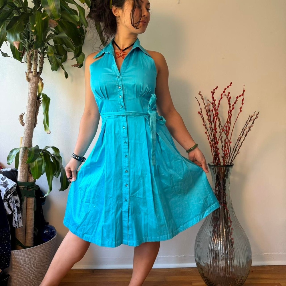 Amanda Charles Retro Pinup Teal Blue Halter Midi Dress Rockabilly Aqua Size 12